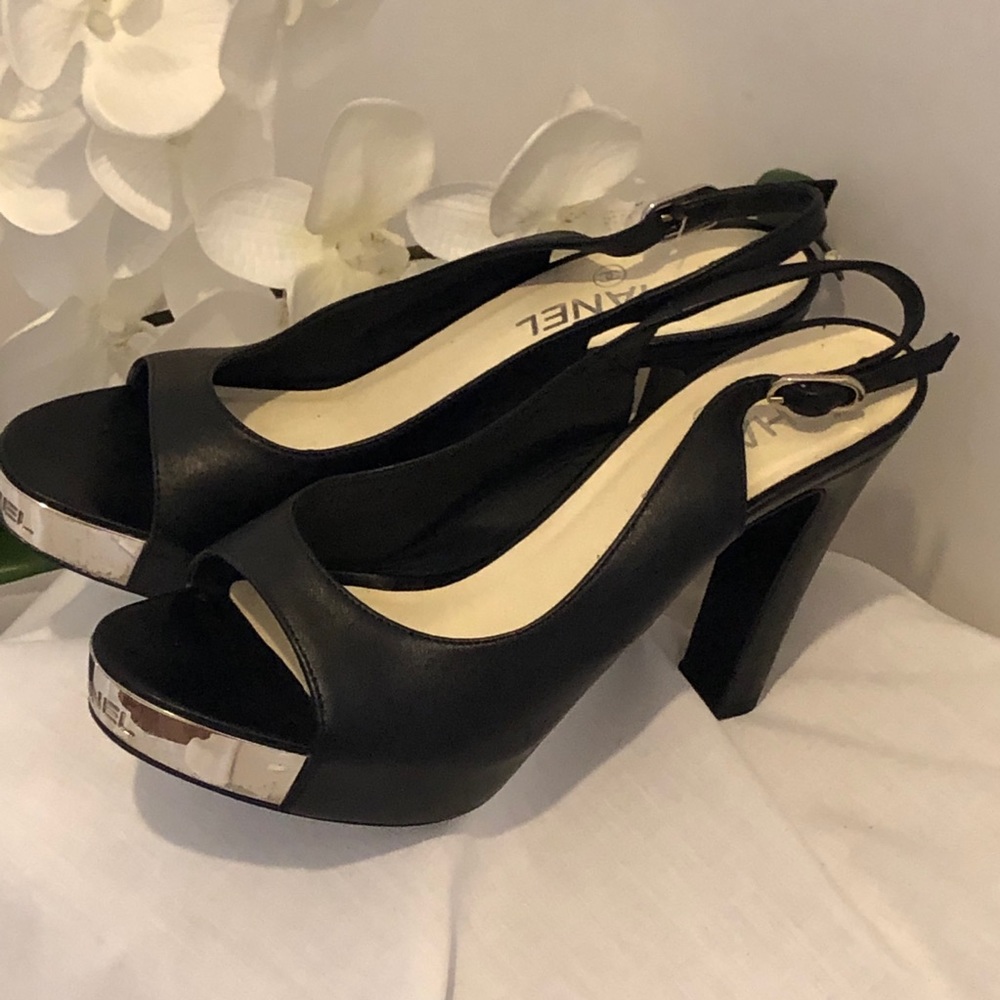 👠 💯 Auth Chanel Black Heel Shoes 37.5 - Picture 2 of 6